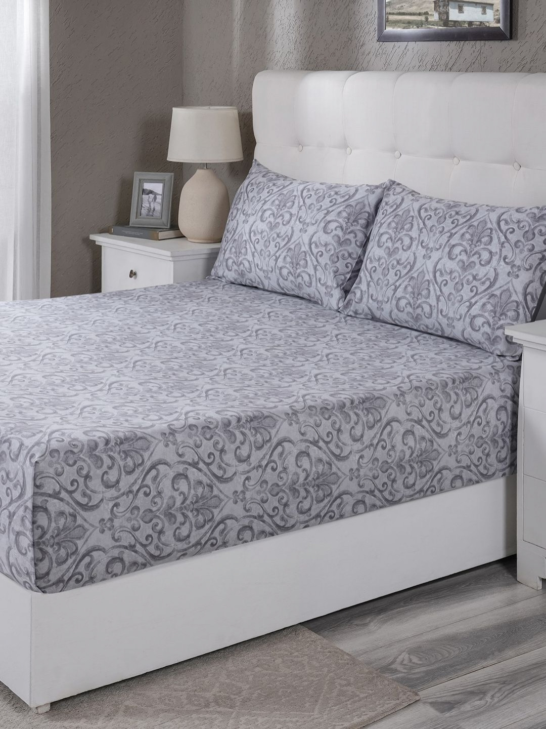 MASPAR Rust Grey Floral Printed Cotton 400 TC King Bedsheet Set 2.75 m x 2.75 m