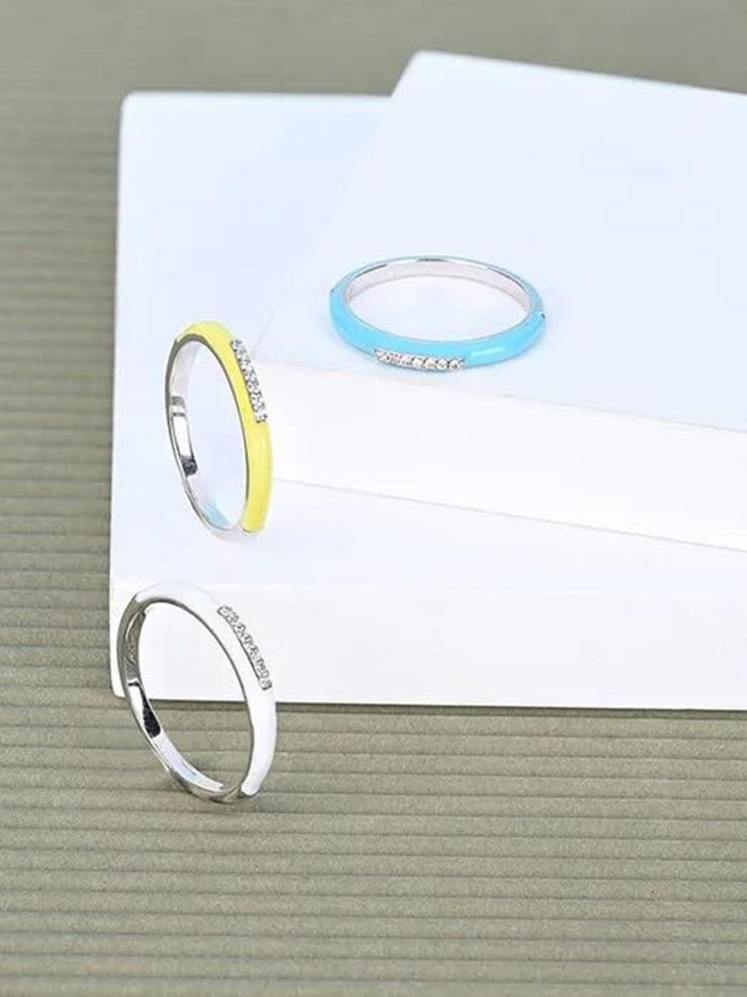 TOUCH925 Set Of 3 925 Silver-Plated Cubic Zirconia-Studded Stackable Finger Rings