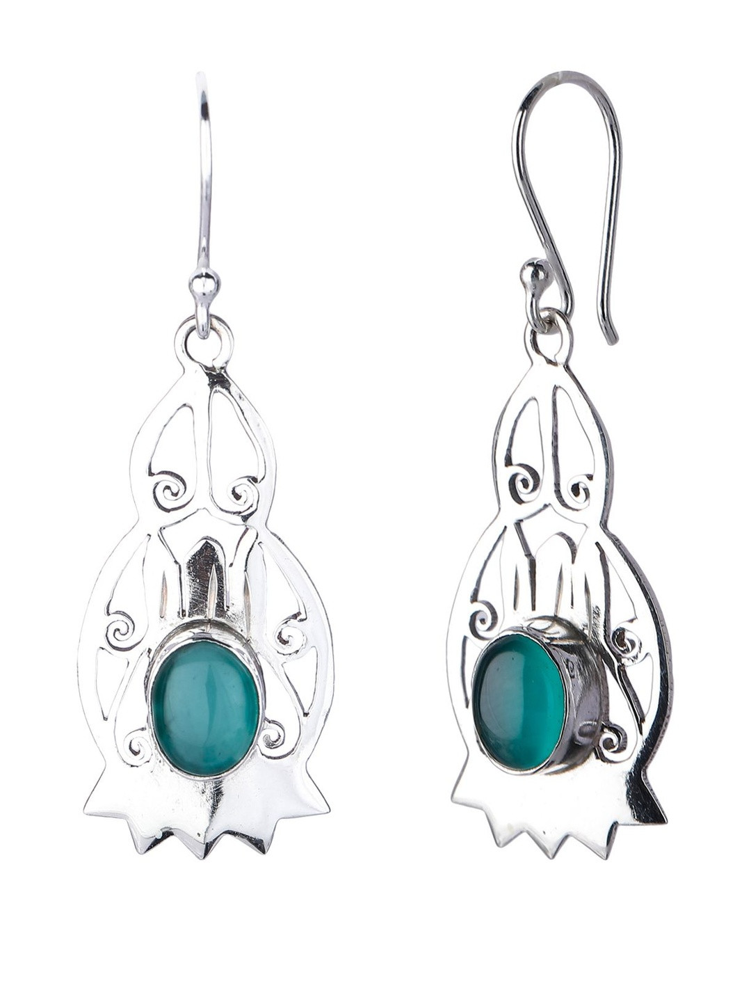 Exotic India Women Sterling Silver Jali Lattice Earrings with Green Onyx