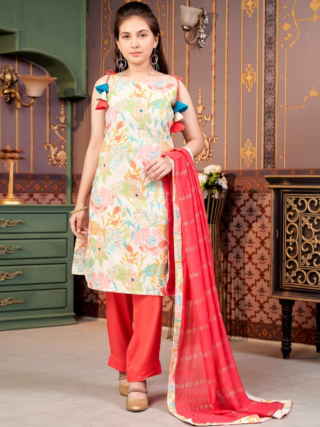 Muhuratam Girls Ethnic Wear Cream-Red Colour Floral Print Khadi Cotton Kurti Pant Set