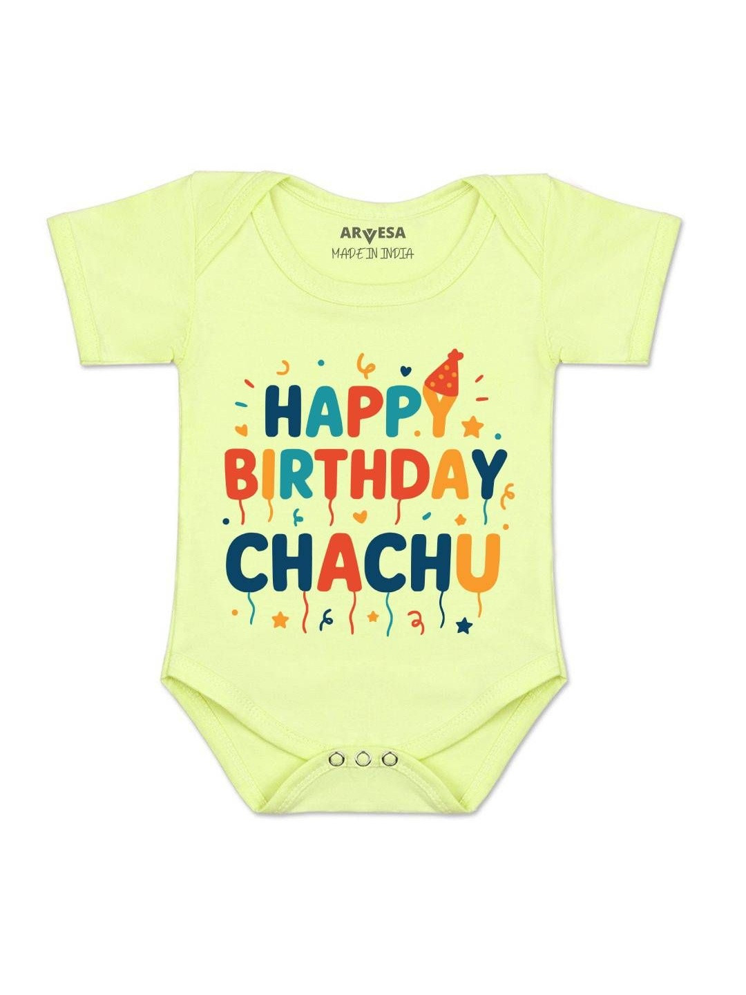 Arvesa Kids Happy Birthday Chachu Printed Envelope Neck Short Sleeves Cotton Rompers