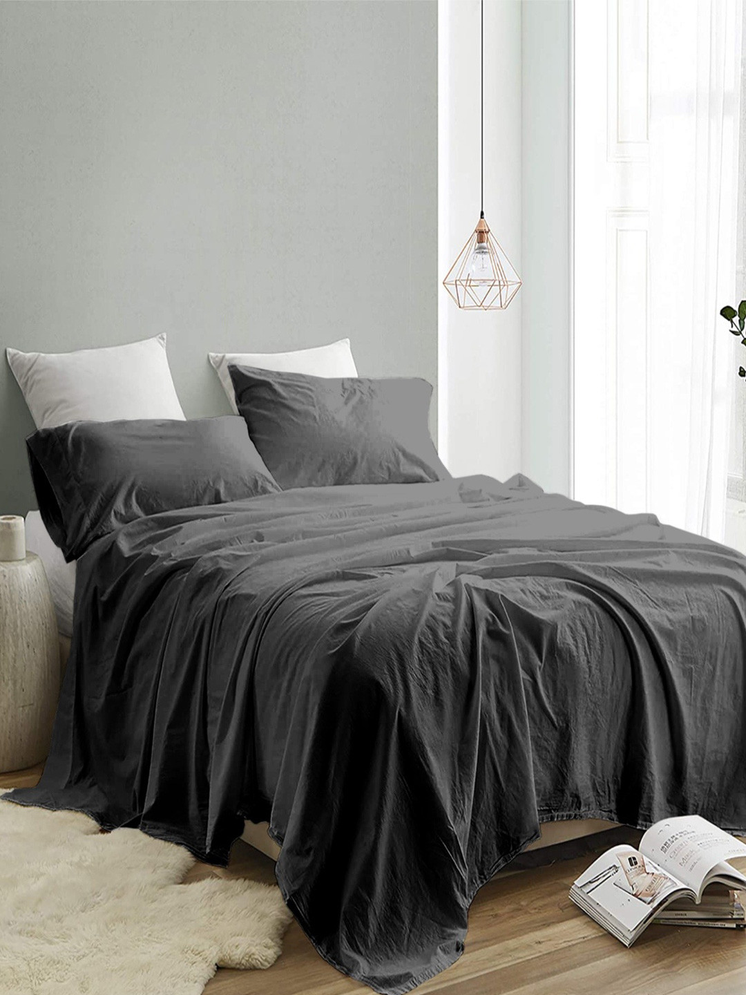 INDRA'S Grey Egyptian Cotton 300 TC King Bedsheet Set 2.75 m x 2.75 m