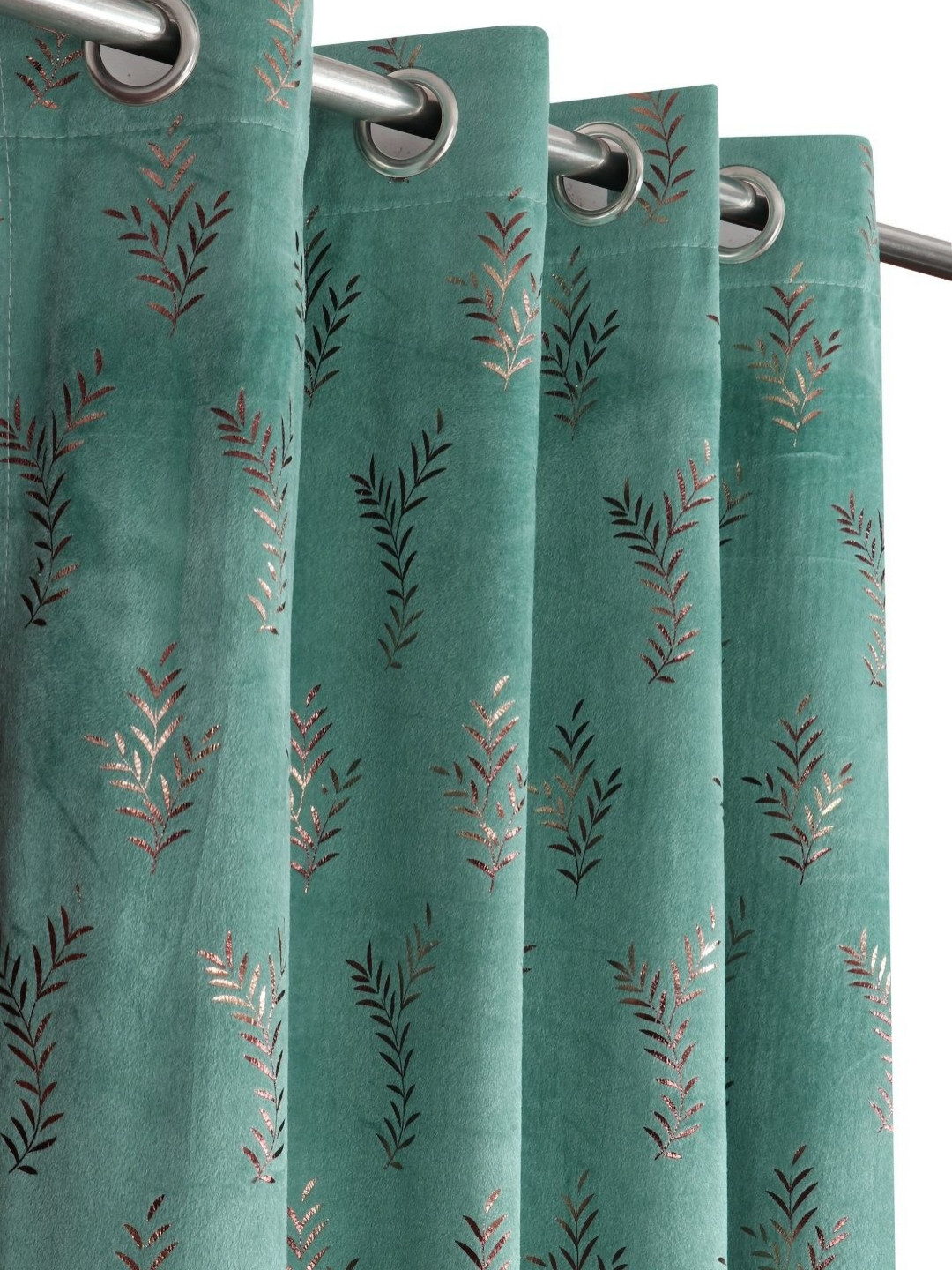 Kiara Creations Green & Gold Toned 2 Pcs Printed Room Darkening Velvet Window Curtains