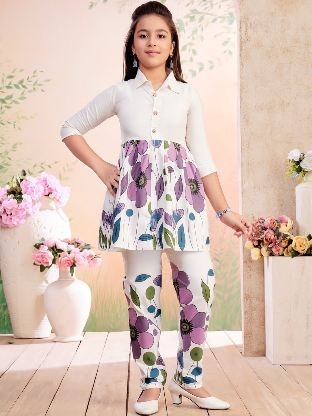 Muhuratam Girls Ethnic Wear Cream-Purple Colour Floral Print Cotton Kurti Pant Set
