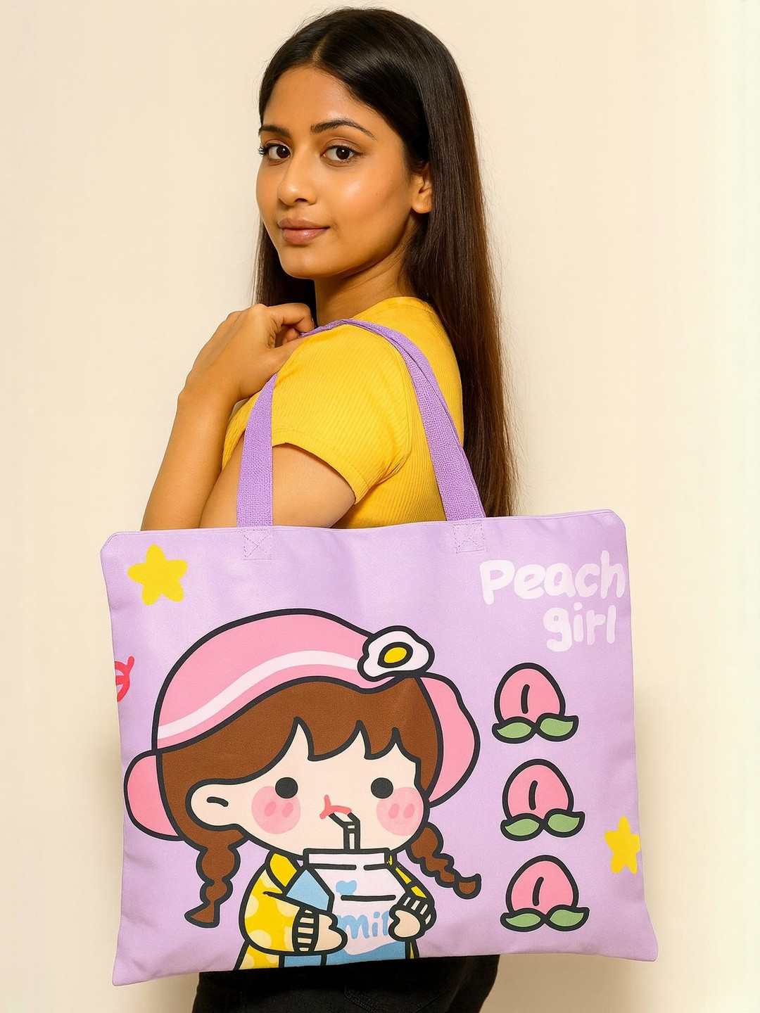 HSR Purple Printed Two Handles Tote Bag