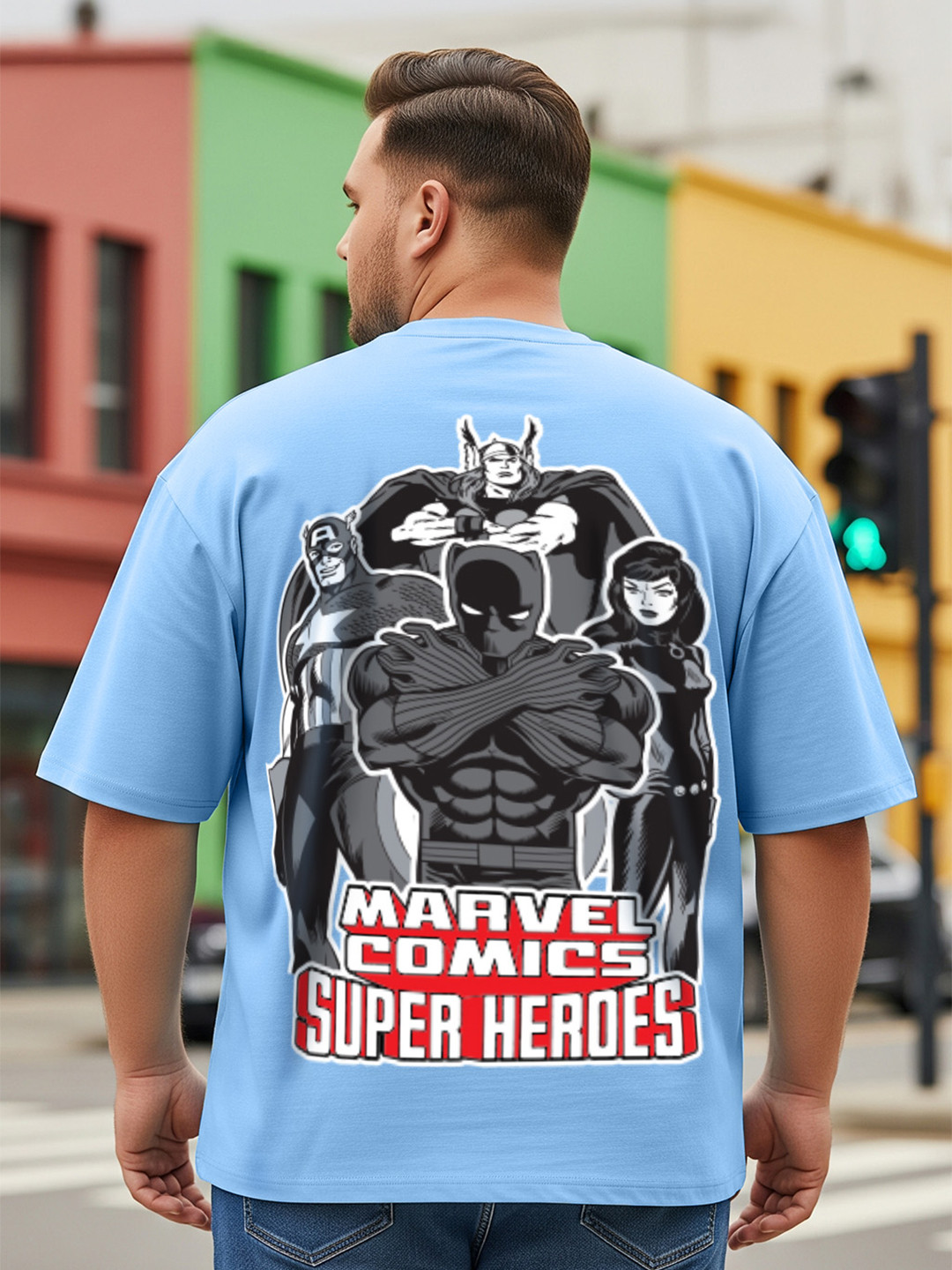 VEIRDO Men Plus Size Marvel Graphic Printed Round Neck Cotton T-shirt