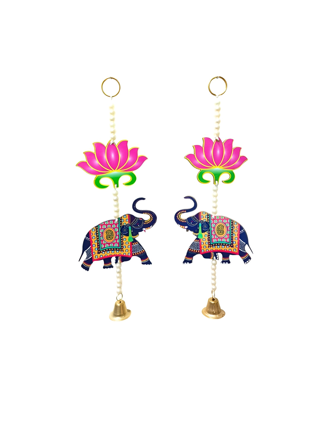 PUFFSMART Pink & Blue 2 Pcs Wooden Lotus With Elephant Hanging Garlands