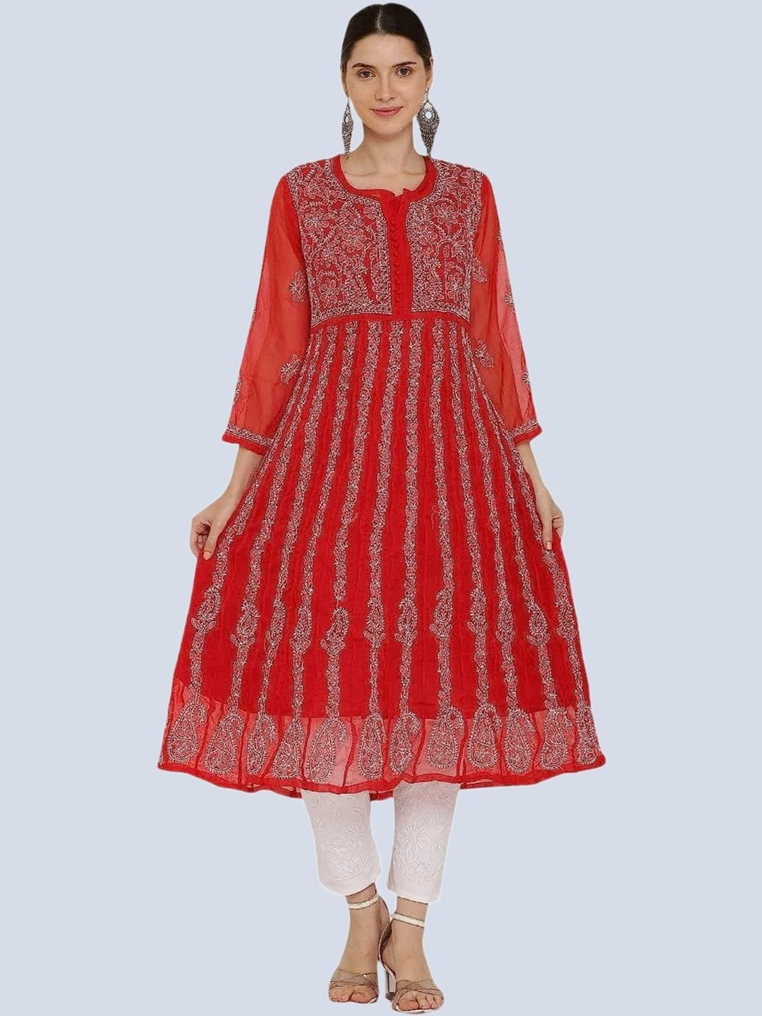 MALABIS Ethnic Motifs Embroidered Round Neck Georgette Chikankari Kurta With Trousers