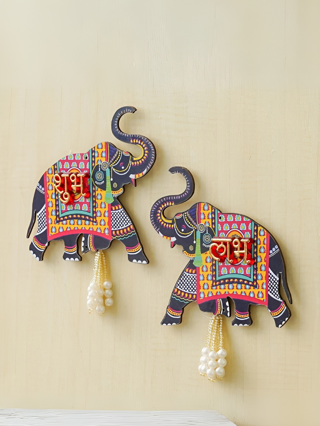 AGARWALPRODUCT 2Pieces Blue & Red Textured Wooden Elephant Shubh Labh Wall Hanging Decors