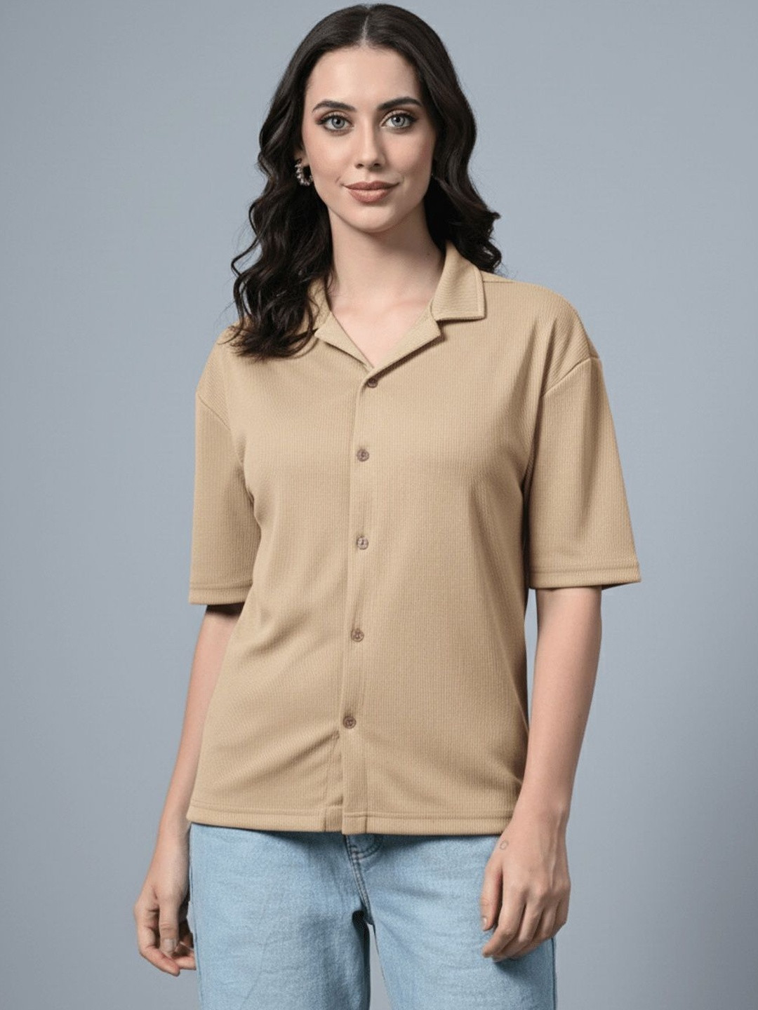 Moda Rapido Women Solid Polyester Camel Casual Shirt with Half Sleeves