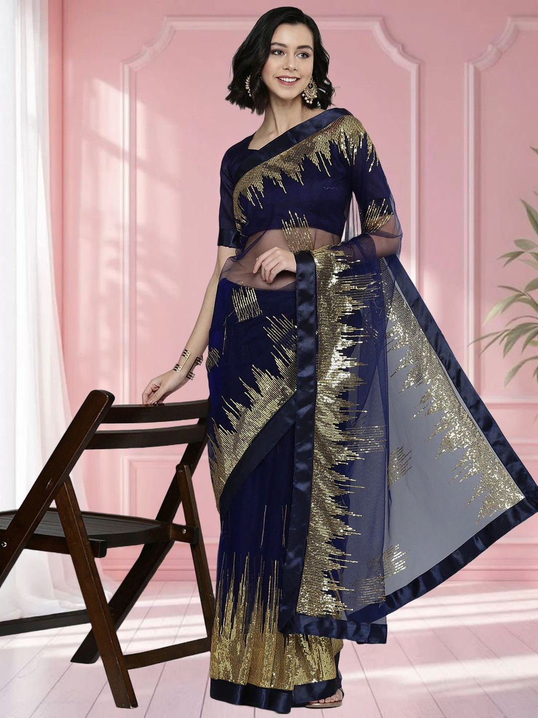 Sangria Embellished Sequinned Net Heavy Work Saree With Blouse Piece