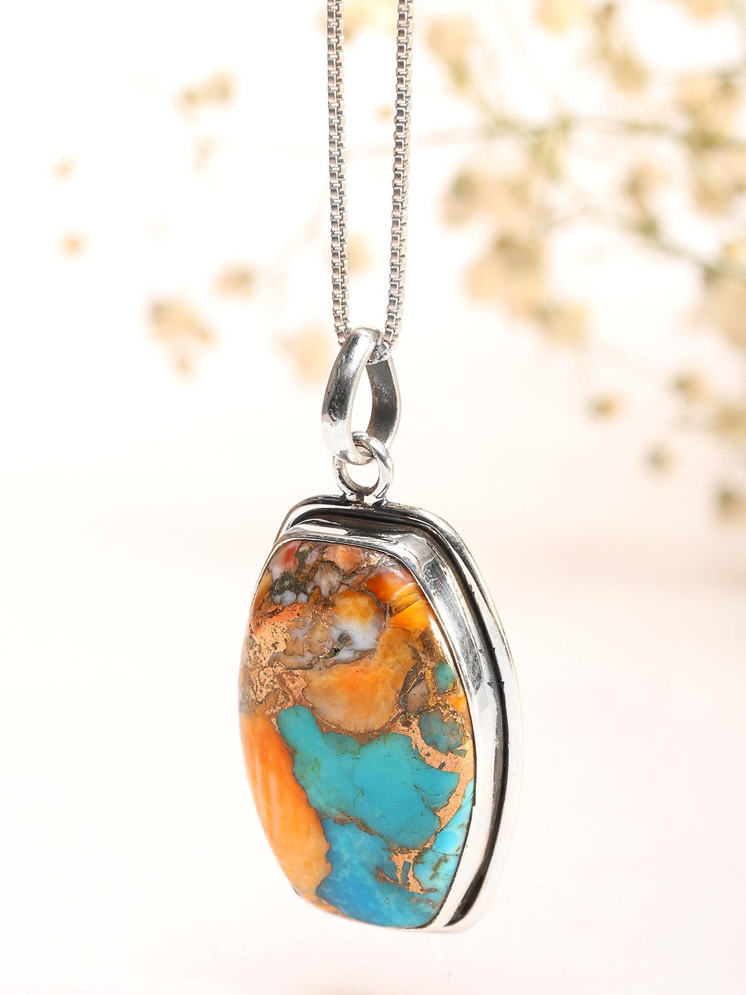 Exotic India Women Sterling Silver Turquoise Stone Barrel-Shaped Pendant