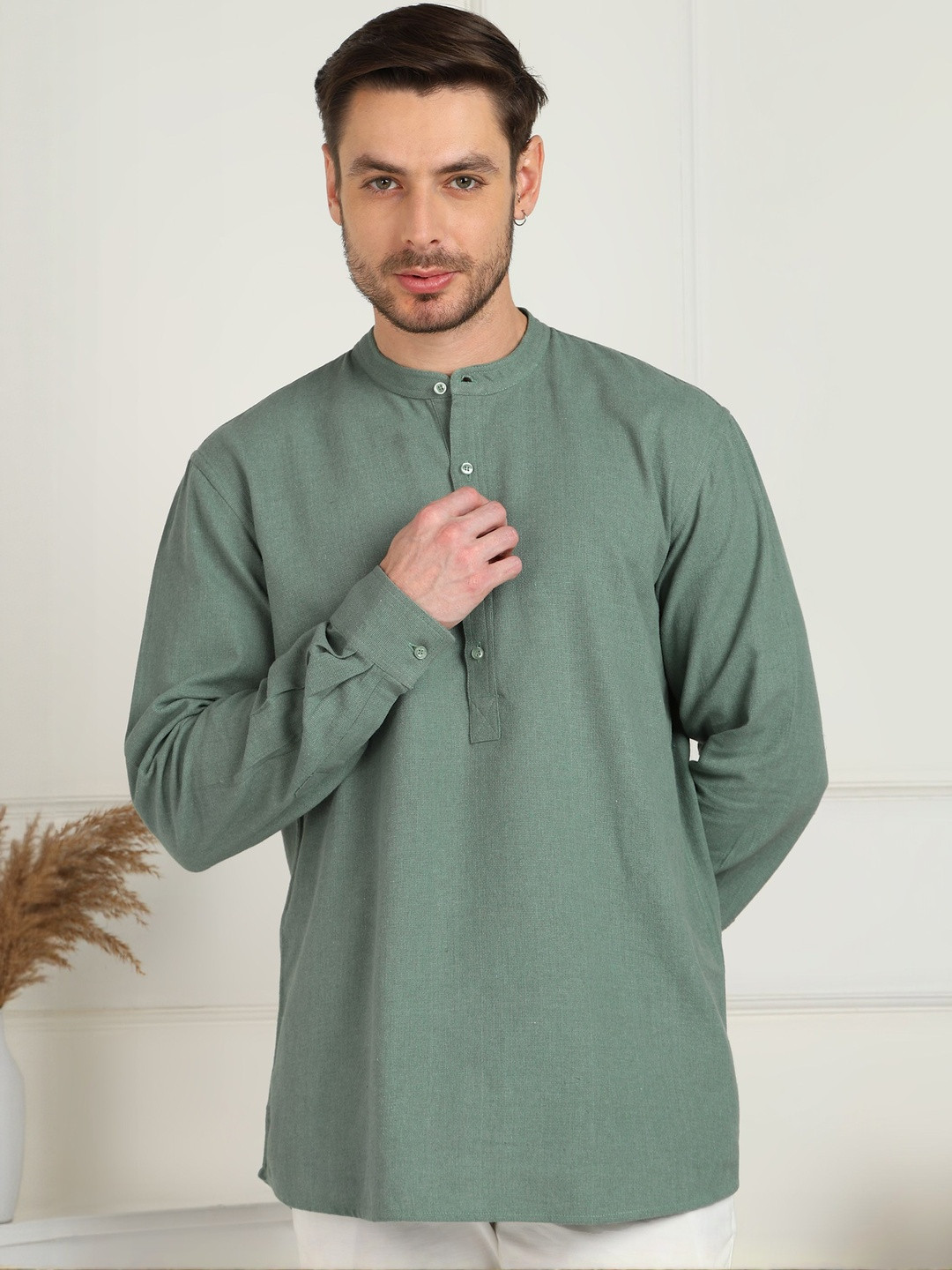 Men's Mint Green Solid Pure Cotton Mandarin Collar With Short Kurta Shirt