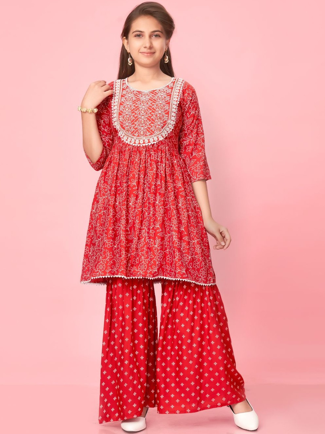 Muhuratam Girls Orange Colour Cotton Party Wear Embroidery Kurti Sharara Set