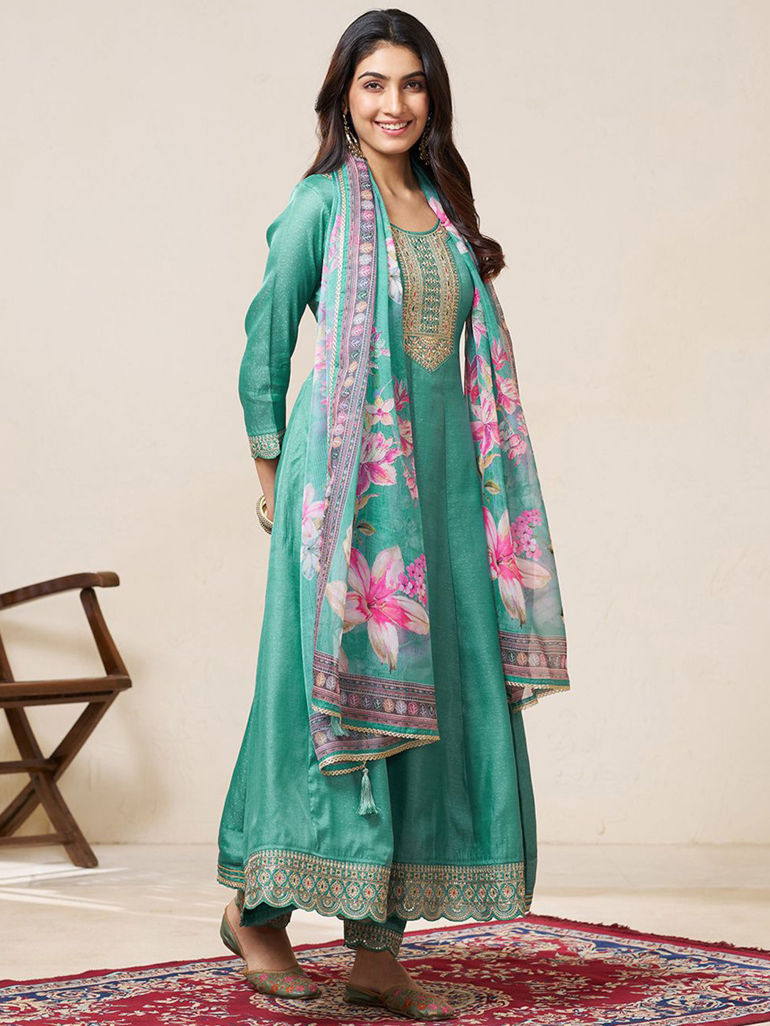 House of Pataudi Zari Sequence Thread Embroidered A-Line Kurta With Trouser & Dupatta