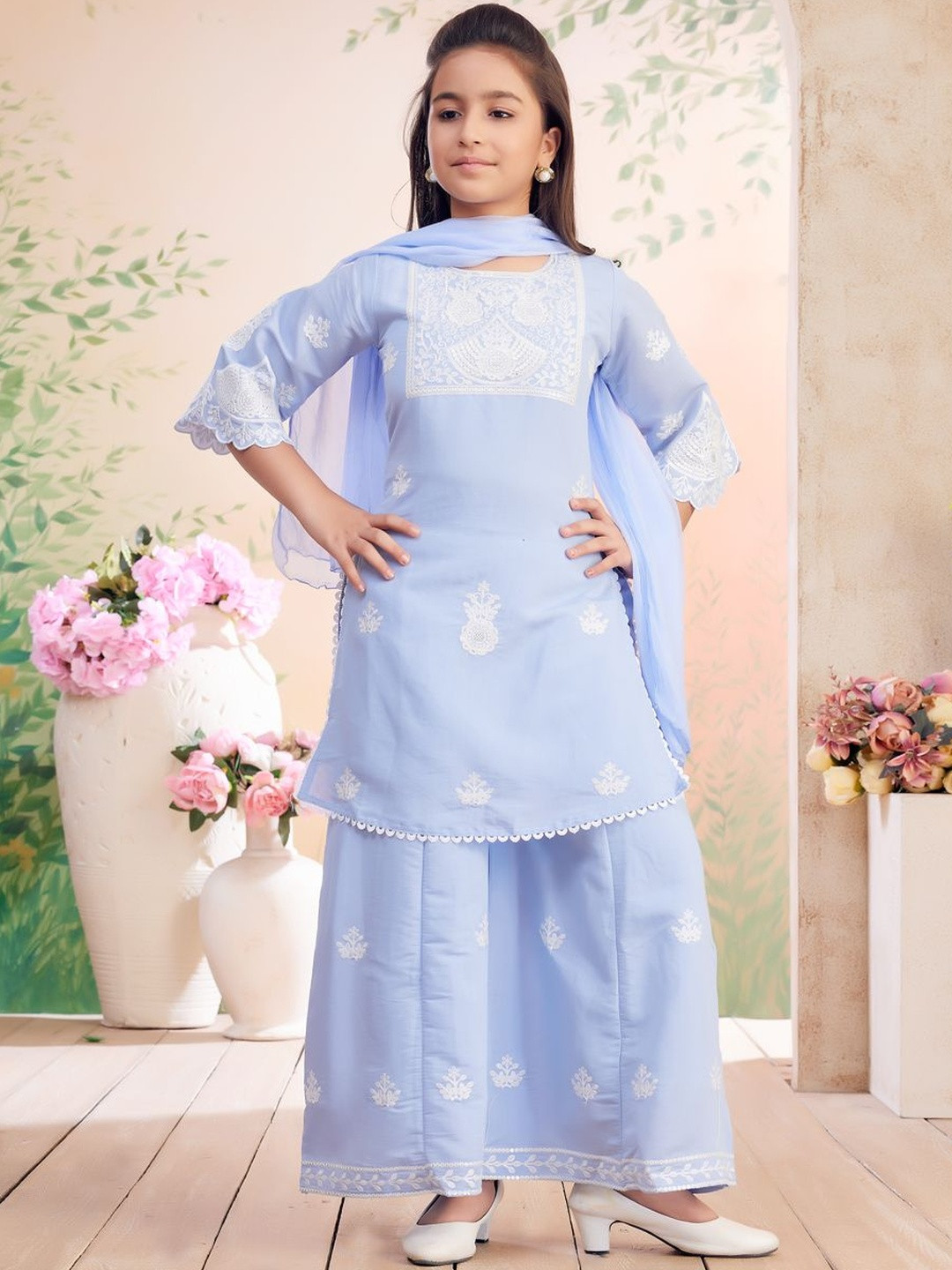 Muhuratam Girls Ethnic Wear Sky Blue Colour Chicken Embroidery Art Silk Kurti Palazzo Set