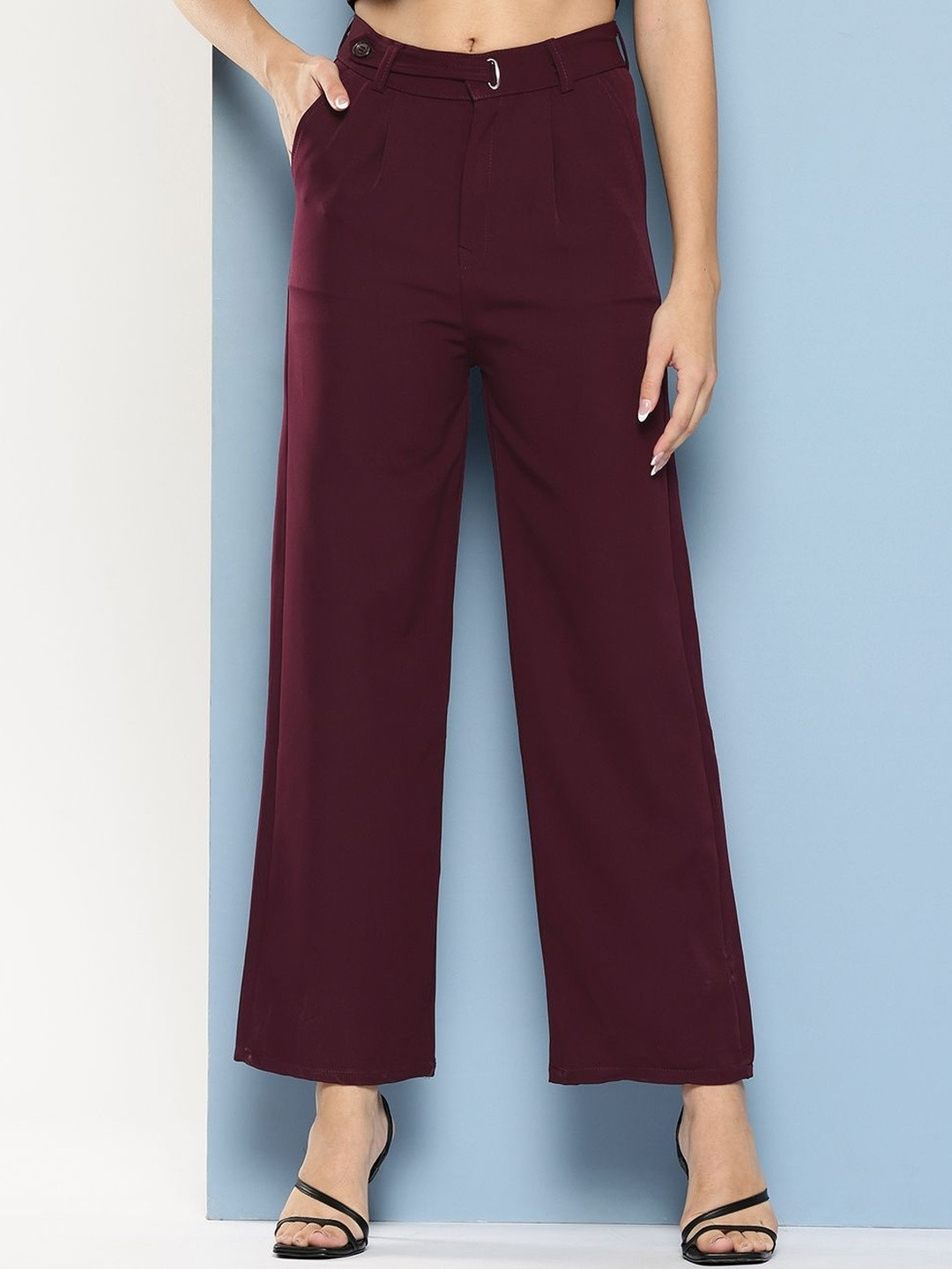 Muhuratam Girls Casual Wear Wine Colour Solid Crepe Pant