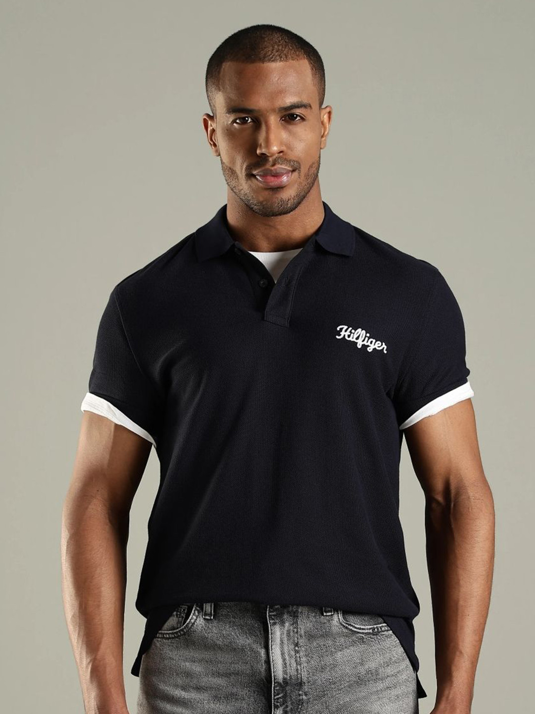 Tommy Hilfiger Men Self Design Polo Collar Regular Fit Pure Cotton T-shirt