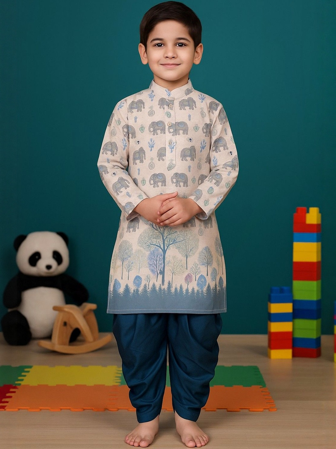 Cotton Blend Digital Printed Kurta & Dupion Silk Patiyala  Set For Boys.