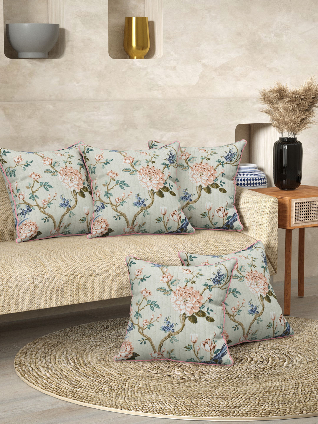 Anadhika White & Cream-Coloured Set of 3 Floral Square Cushion Covers