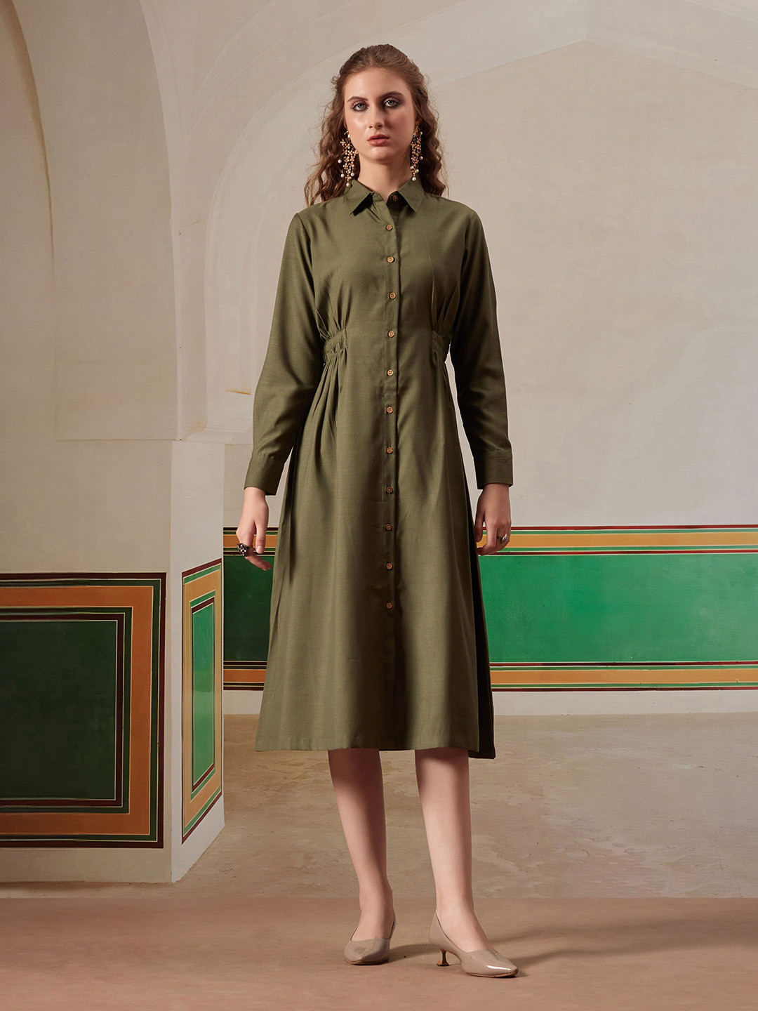 FITHUB Solid Shirt Collar Gathered Full Sleeves Shirt Midi Dress