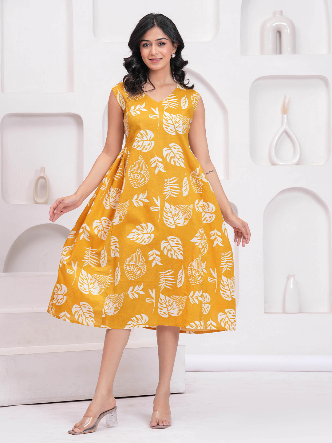 KEIYONA Women's Yellow Floral Midi Dress