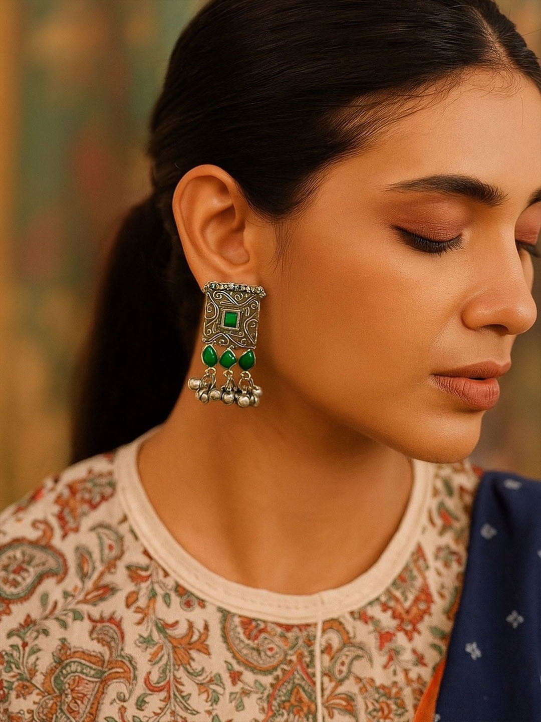 Digital Dress Room Silver-Plated Ghungroo Beaded & Studded Oxidised Square Studs