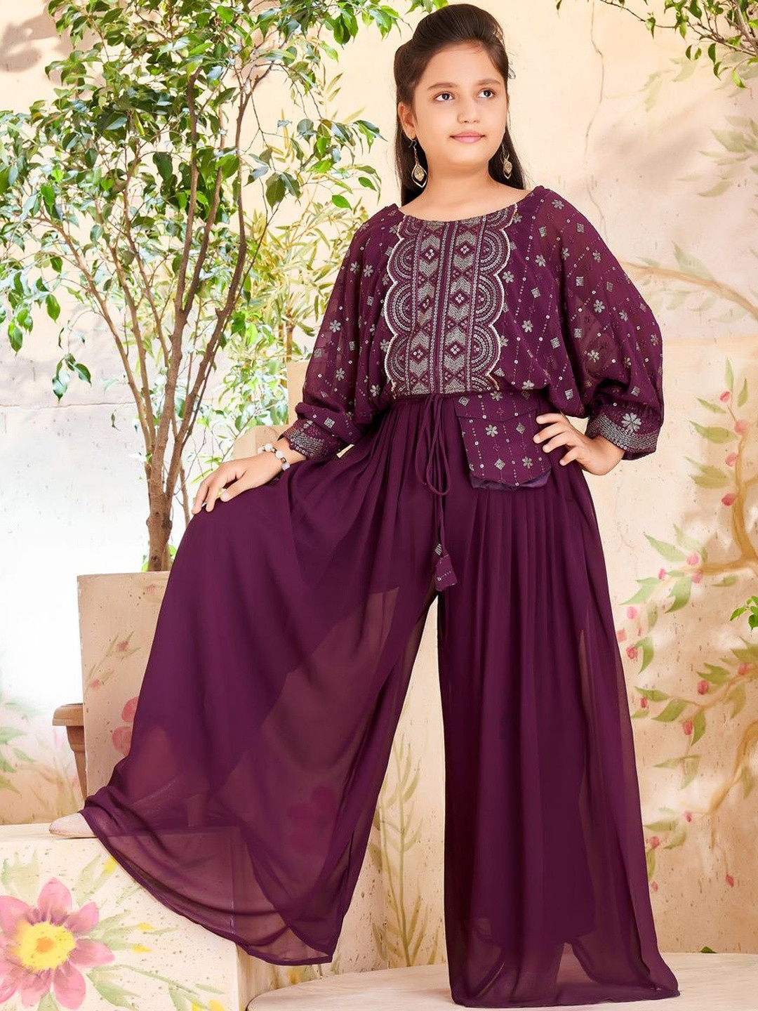 Muhuratam Girls Ethnic Wear Green Colour Sequin Embroidery Georgette Top Palazzo Set