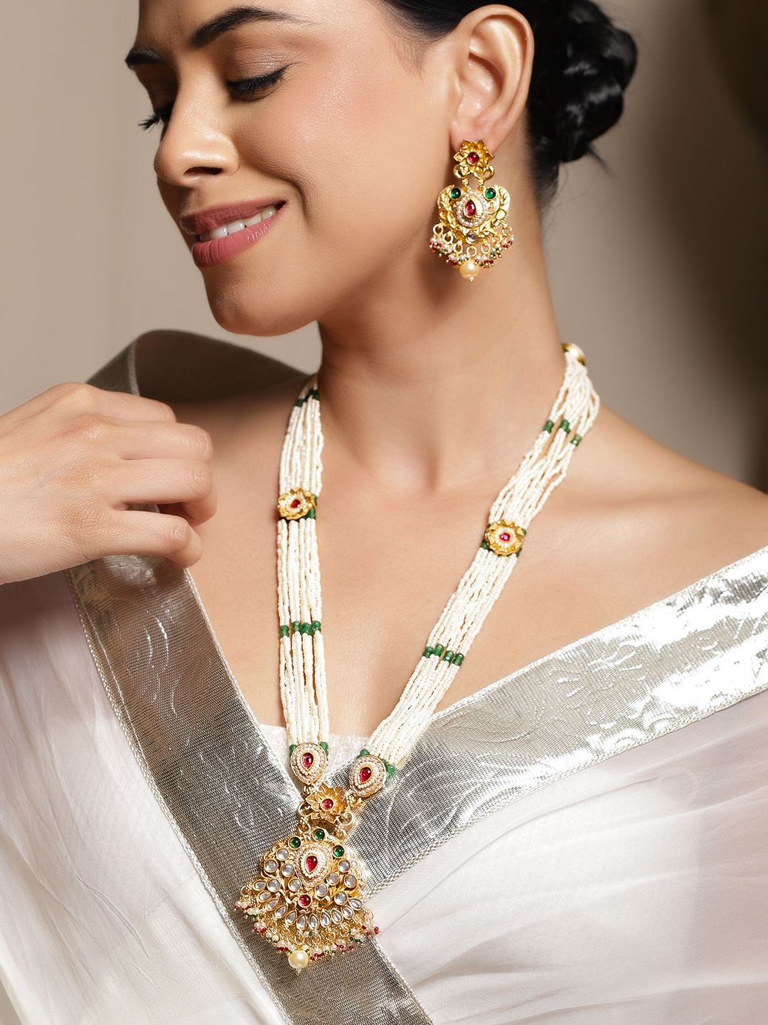 Rubans 22K Gold-Plated Handcrafted Necklace Set with Red & Green Kundan & White Pearl Bead