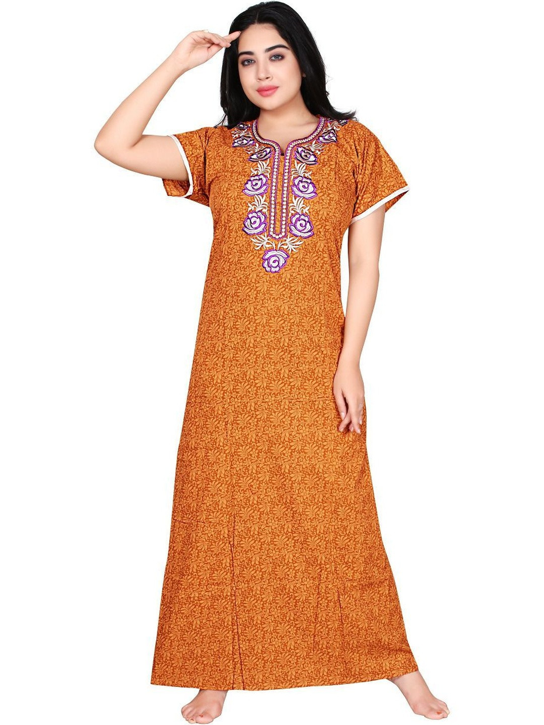 Zairra Women Pure Cotton Embroidered Maxi Nightdress