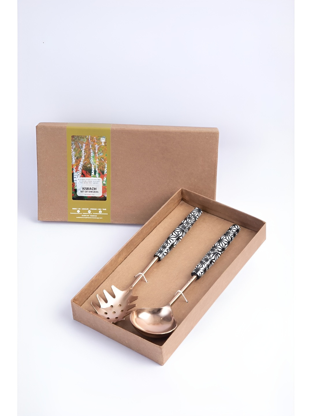 FREEDOM TREE Kiwach Black & Copper-Toned 2 Pieces Printed Steel & Wood Cutlery Set