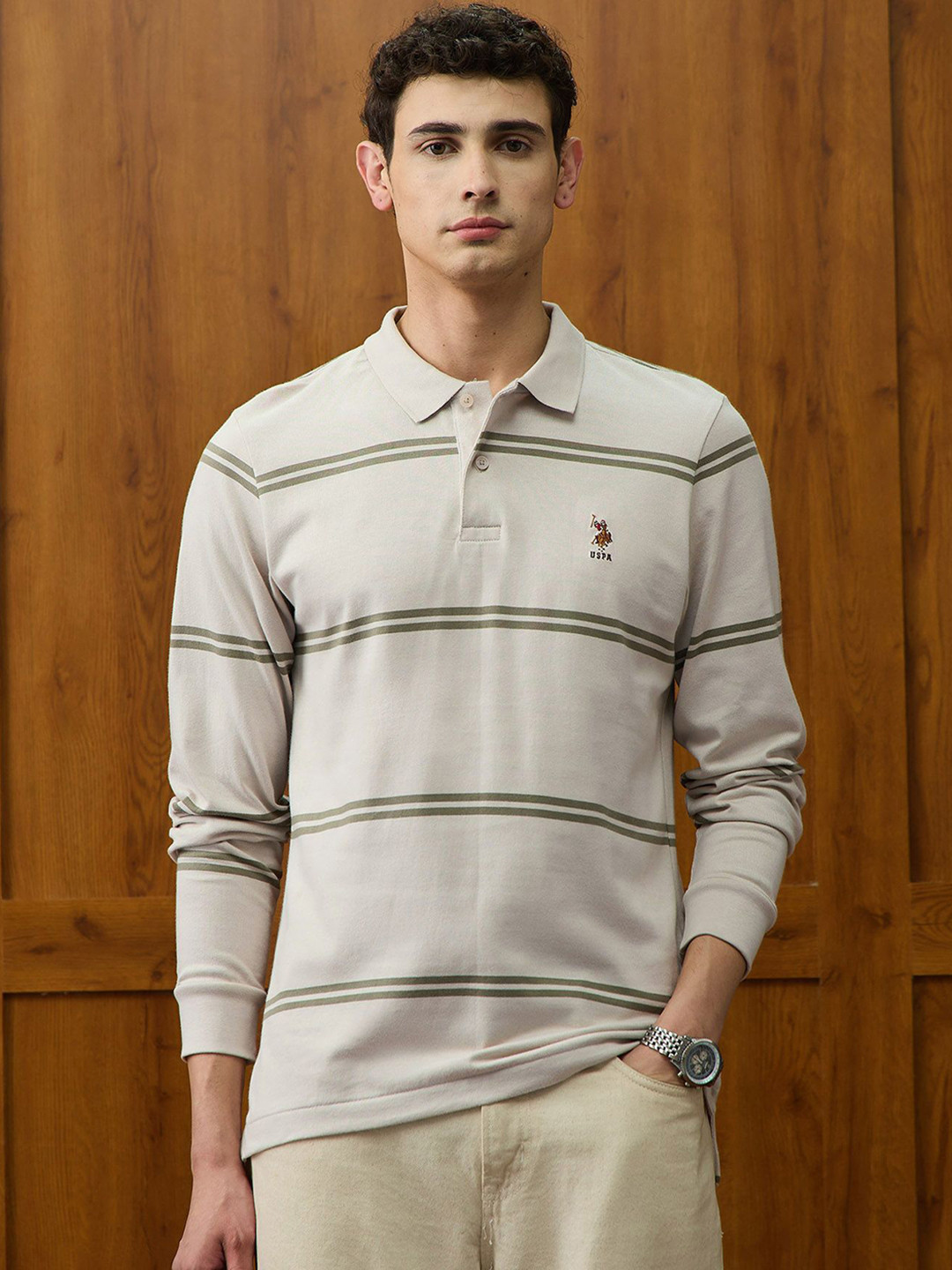 U.S.Polo Association Men Beige Horizontal Striped Polo Collar Long Sleeves Shirt