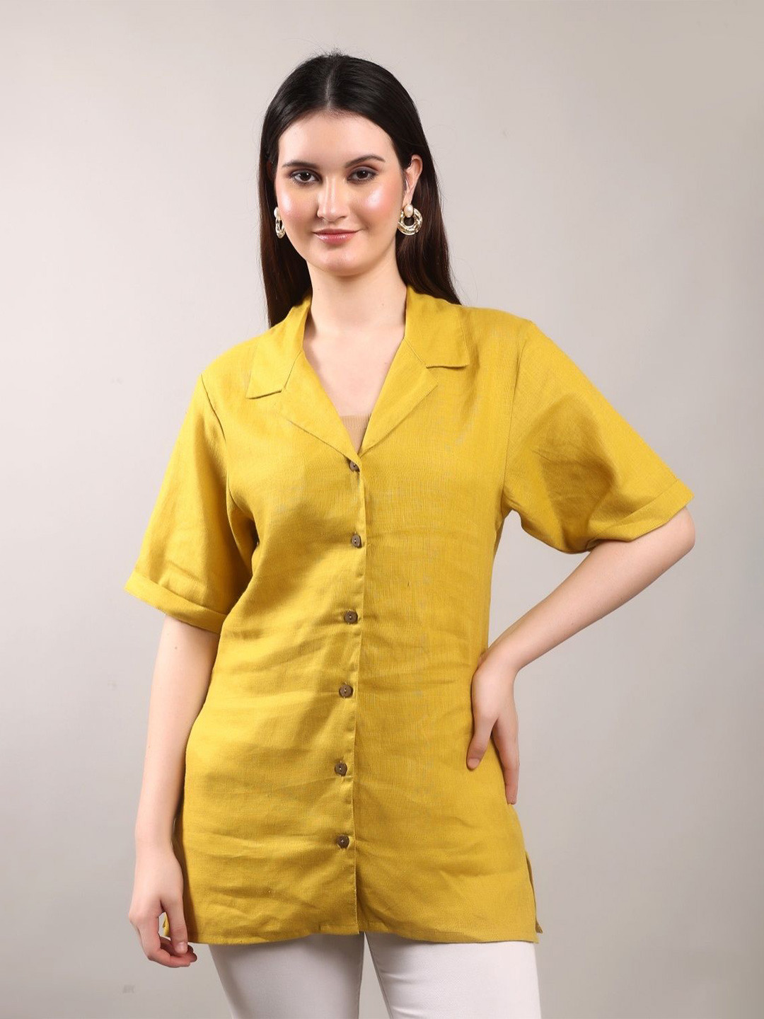 THE MAJESTIC PEACOCK Women Relaxed Fit Solid Cuban Collar Linen Casual Shirt