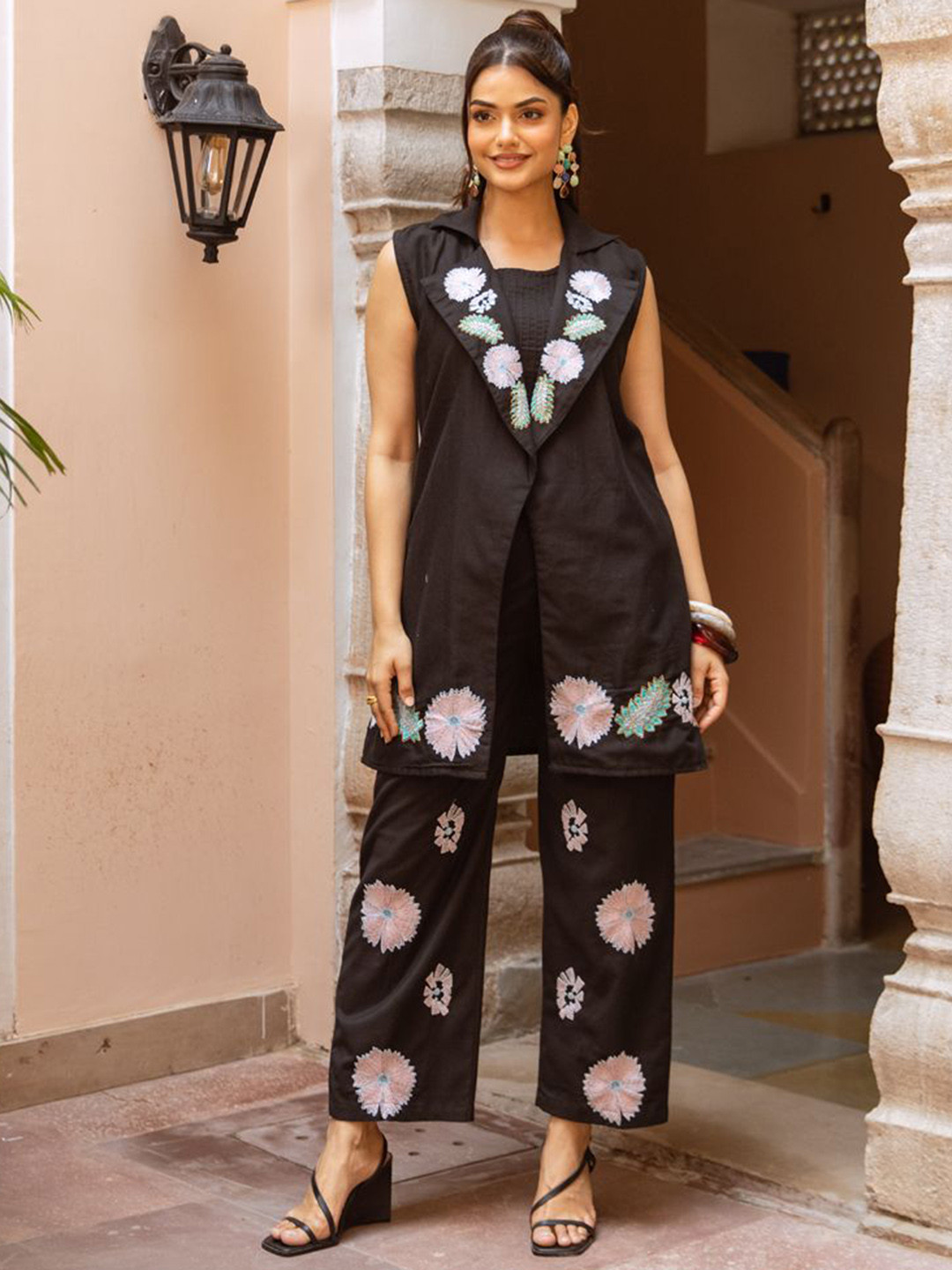 Aadews Nobi Embroidered Round Neck Pure Cotton Top & Trouser with Jacket