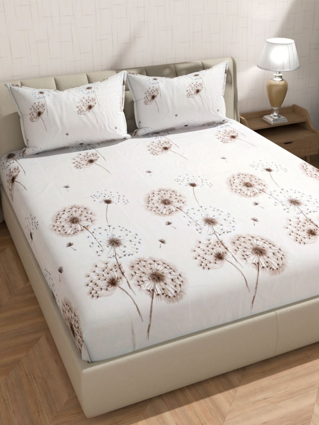 Florida White & Brown Floral Printed 160 TC King Bedsheet Set - 2.75 m x 2.58 m