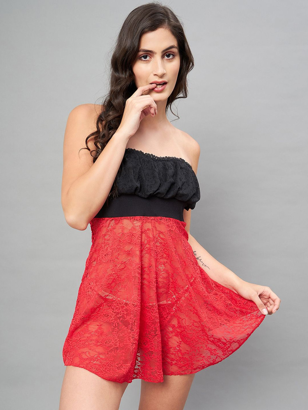 G Heist Women Self Design Strapless Lace Baby Doll