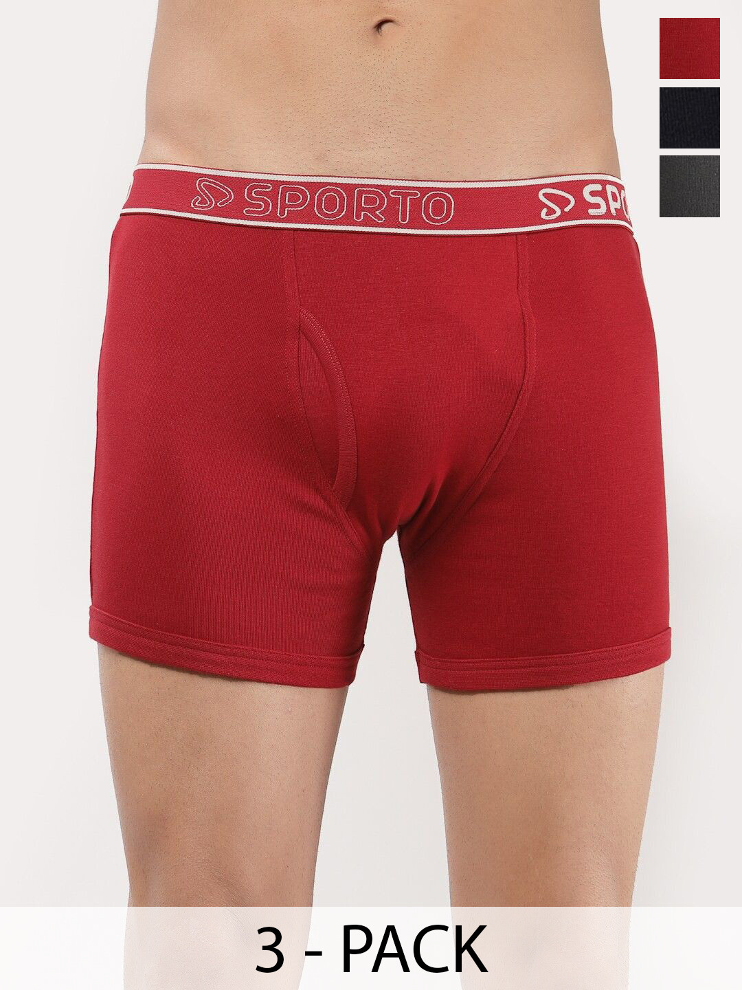 Sporto by Macho Pack Of 3 Cotton Mid-Rise Long Trunks Sprto-M1030_B(1)-CH(1)-R(1)-XL