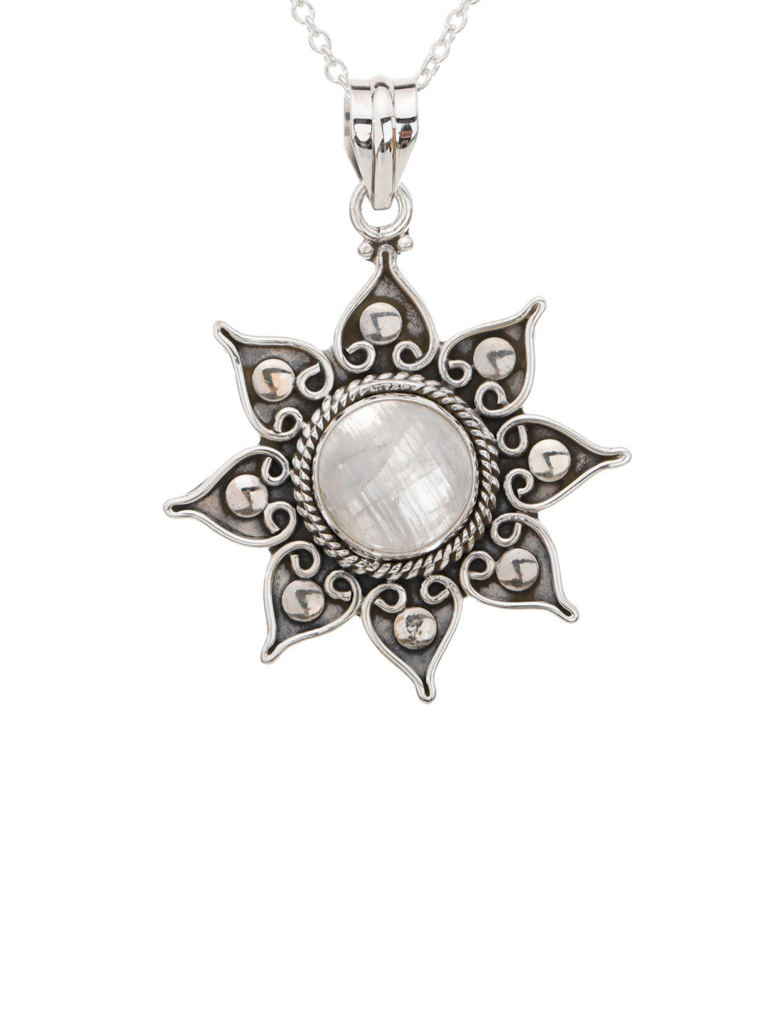 Exotic India Women Round Cut Gemstone Sterling Silver Flower Pendant