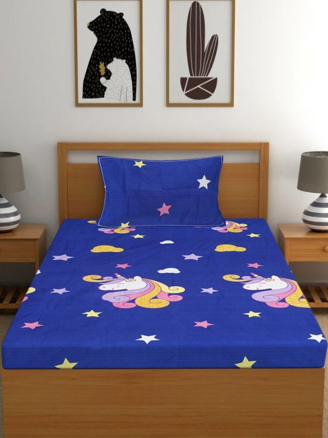 Aura Blue Cartoon Characters 250 TC Single Bedsheet Set-2.25 m x 2.50 m