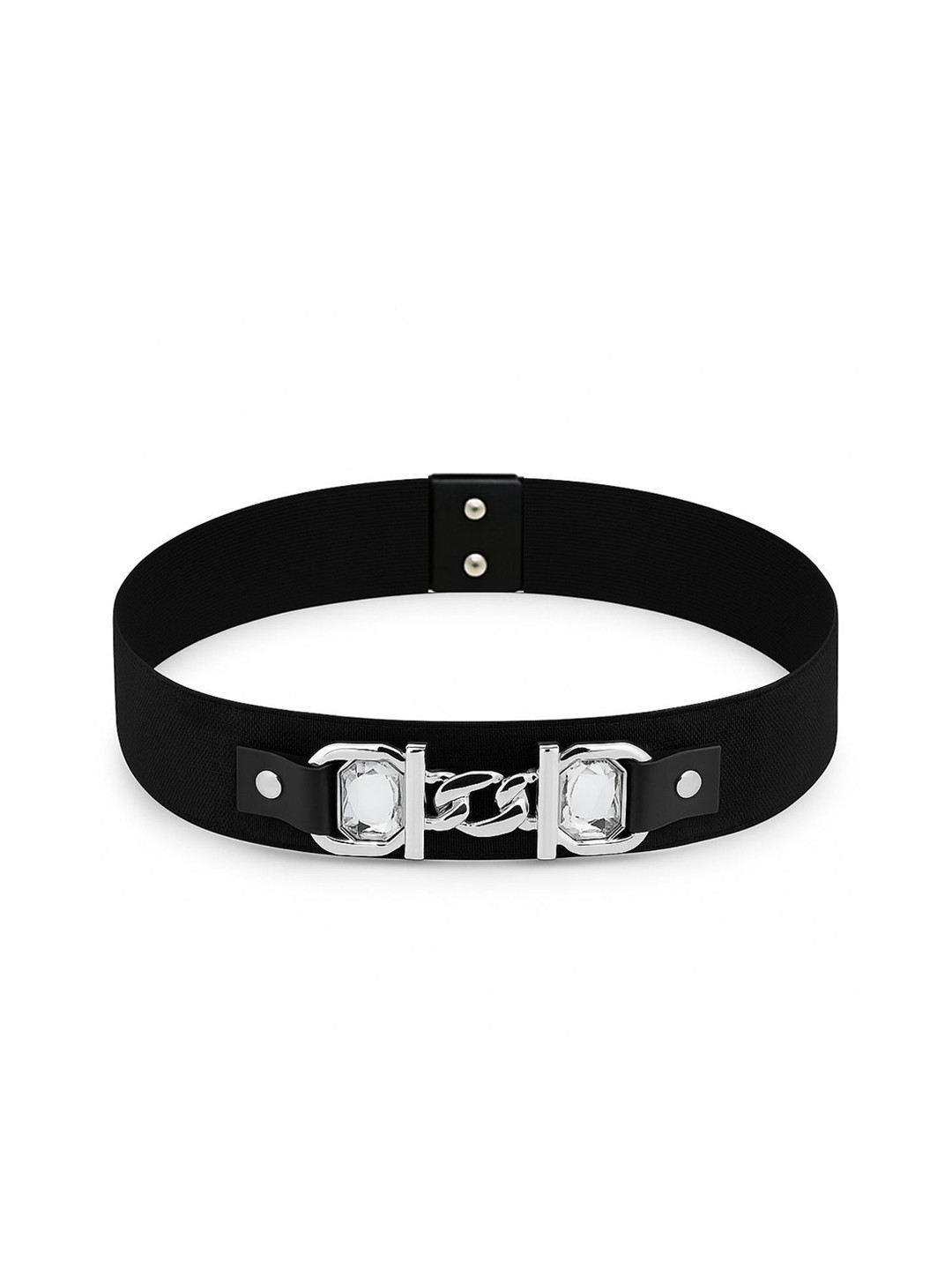 Niddleman Women Elastic Push Pin Closure Belt with Silver Chain Buckle & Crystal Detailing