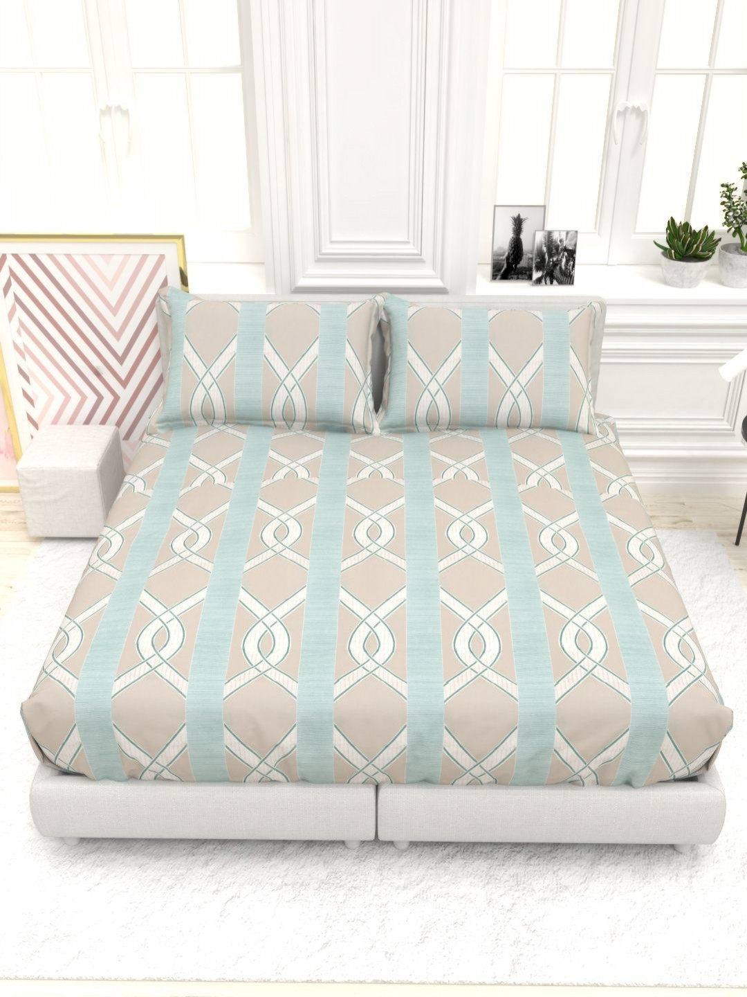 THE WHITE MOSS Orchid Brown Printed Pure Cotton 300TC King Bedsheet Set 2.7 m x 2.7 m