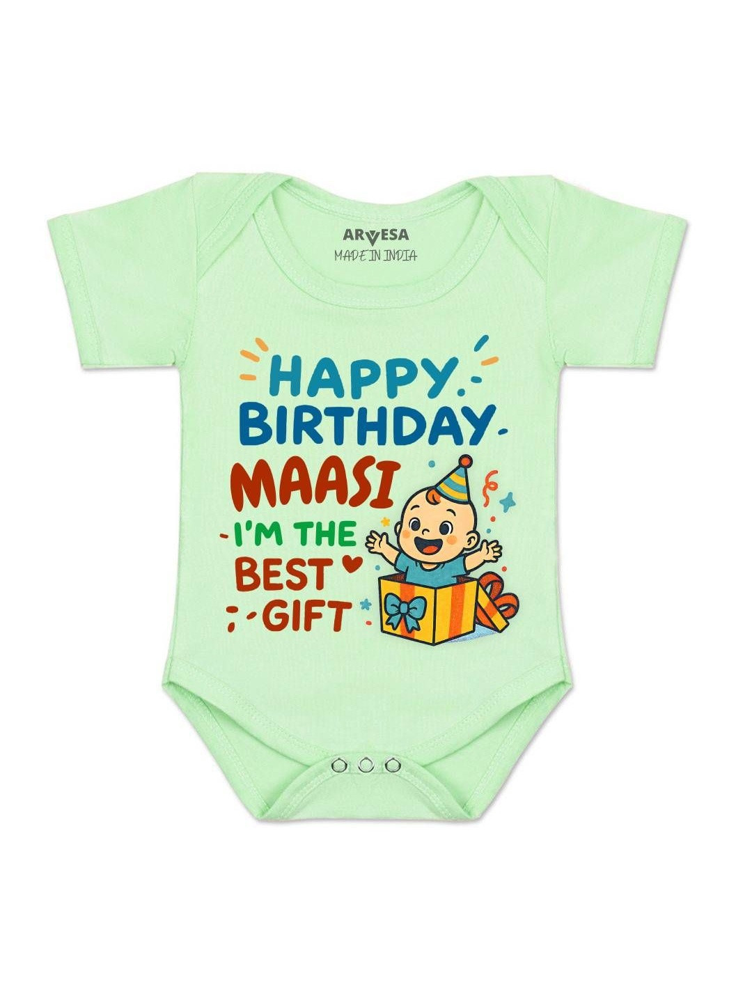 Arvesa Kids Happy Birthday Maasi Printed Round Neck Short Sleeves Cotton Bodysuit