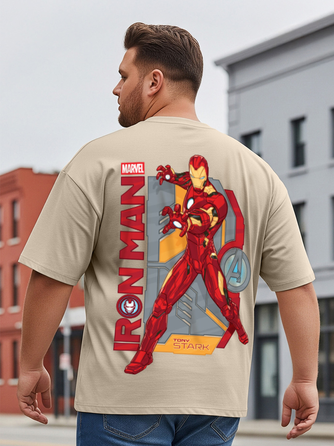 VEIRDO Men Plus Size Iron Man Graphic Printed Round Neck Cotton T-shirt