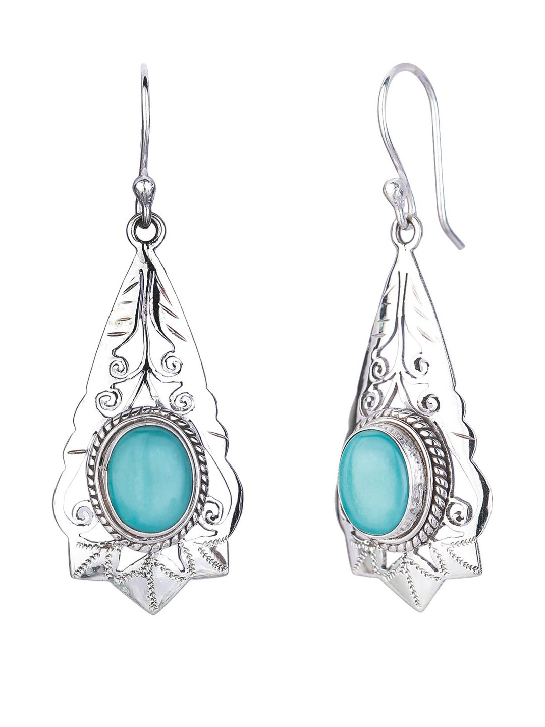 Exotic India Women Drop Shaped Sterling Silver Earrings with Tibetan Turquoise