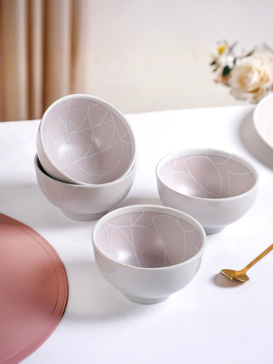 Nestasia Mauve & White 4 Pieces Printed Ceramic Bowls-325 ml Each