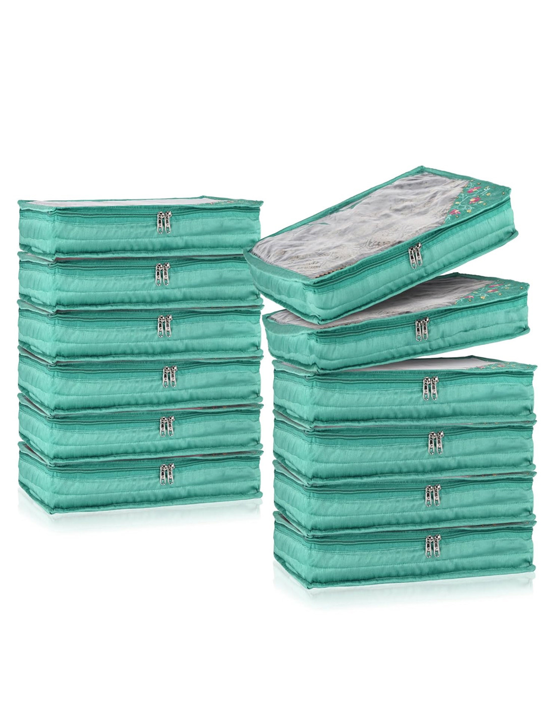 Kuber Industries Set Of 12 Green & Transparent Silk Single Packing Saree Cover Organizers