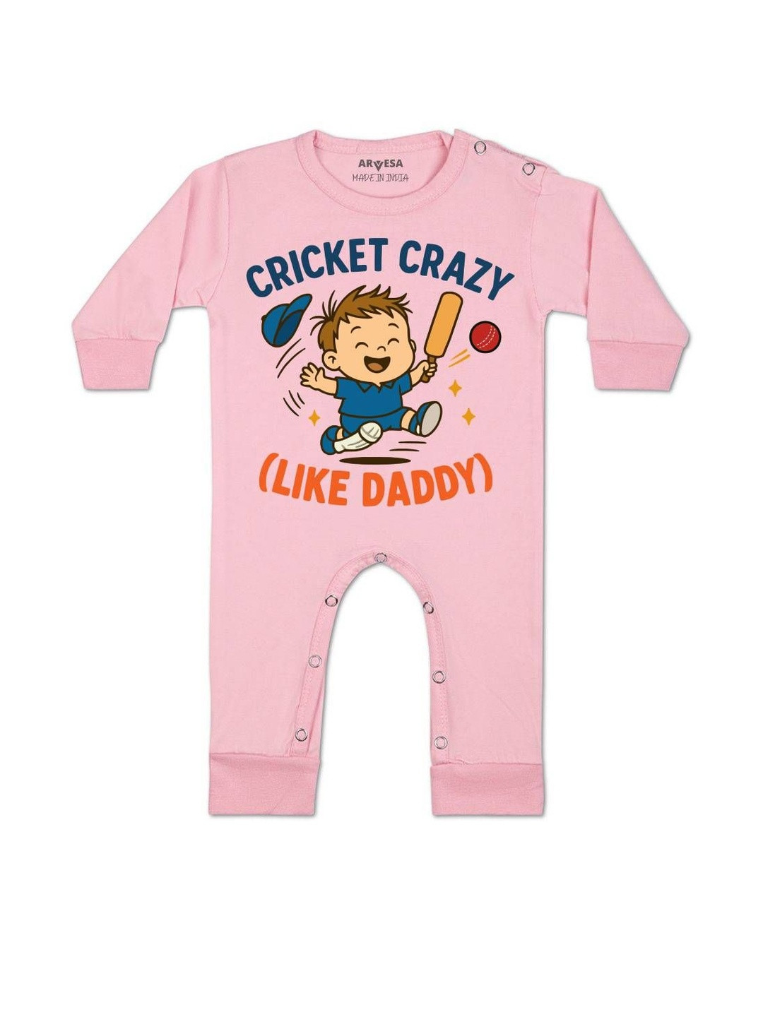 Arvesa Kids Cricket Crazy Like Daddy Printed Round Neck Long Sleeves Baby Rompers