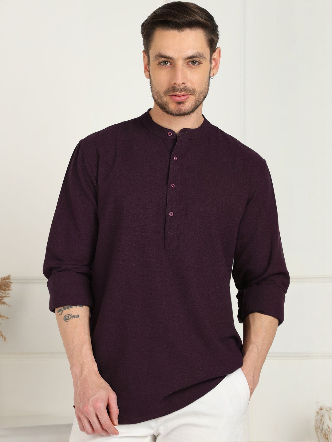 Men's Purple Solid Pure Cotton Mandarin Collar With Short Kurta Shirt