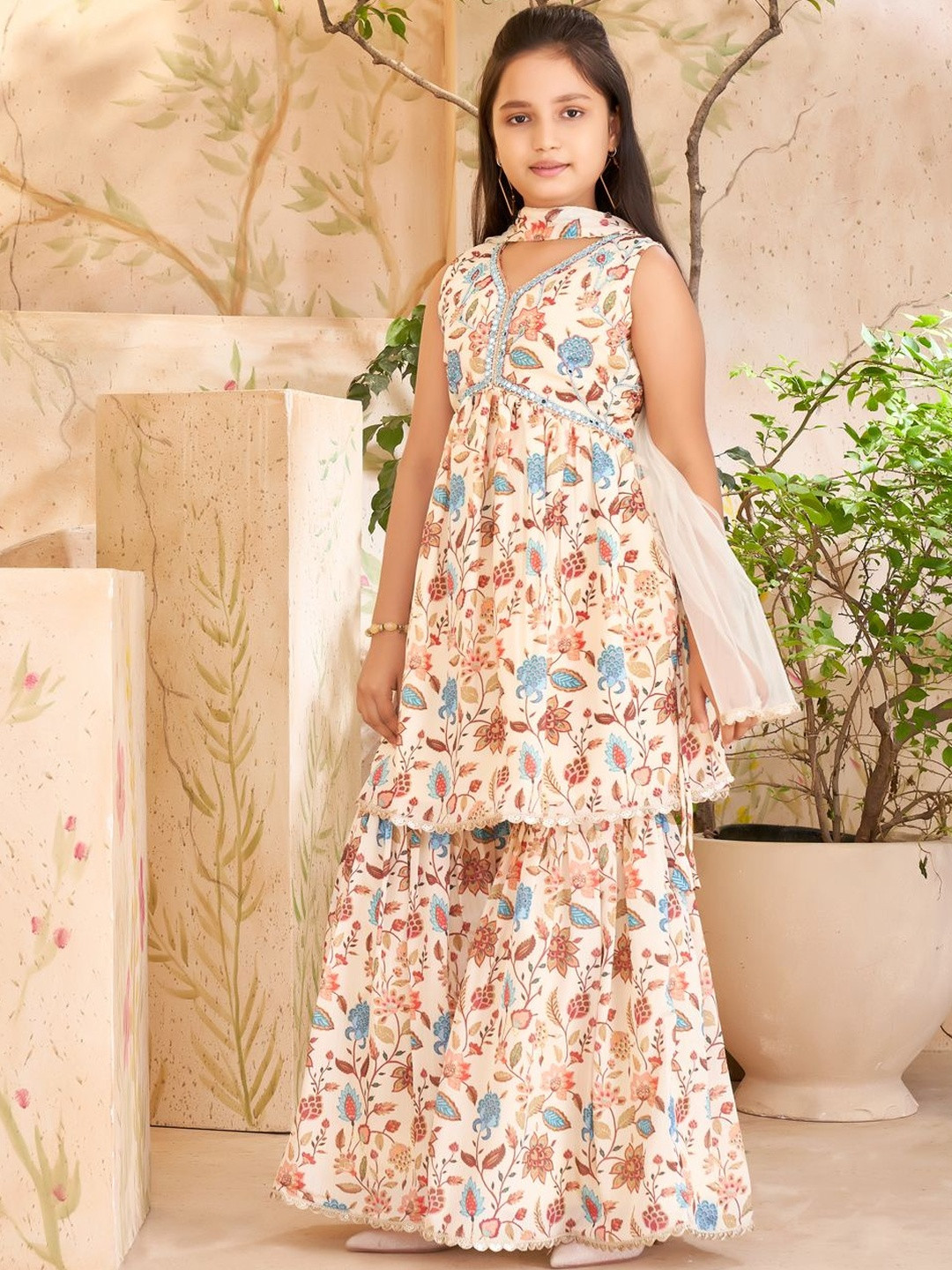 Muhuratam Girls Ethnic Wear Lemon Colour Floral Print Beads Mirror Embroidery Silk Kurti Sharara Set