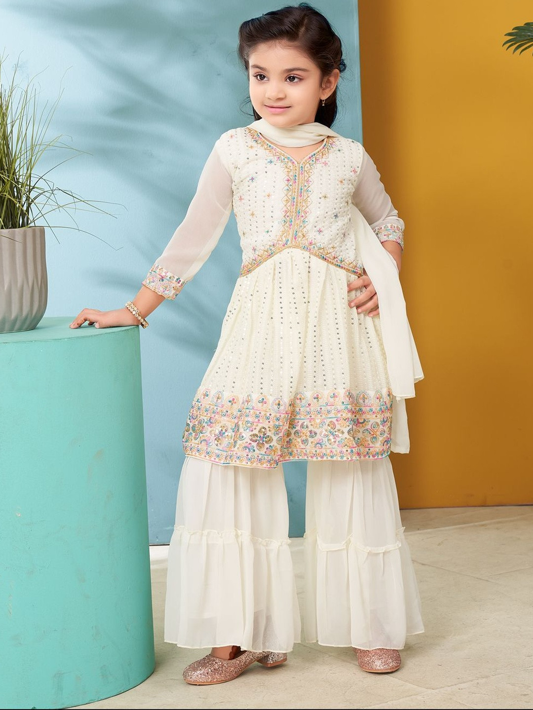 Muhuratam Girls Cream Sibling Collection Thread Sequin Embroidery Georgette Kurti Sharara Set